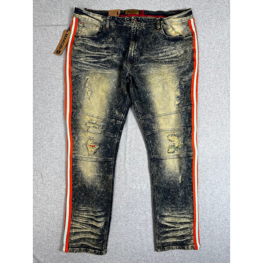 Makobi Jeans Mens 46x34 Blue Acid Wash Distressed Side Stripe Moto Streetwear